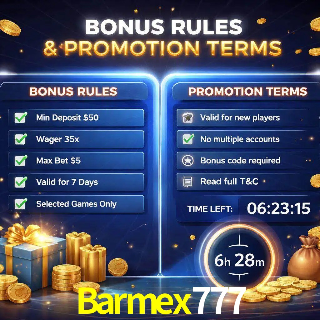 Reglas de promoción Barmex777 y condiciones de bonos explicadas visualmente