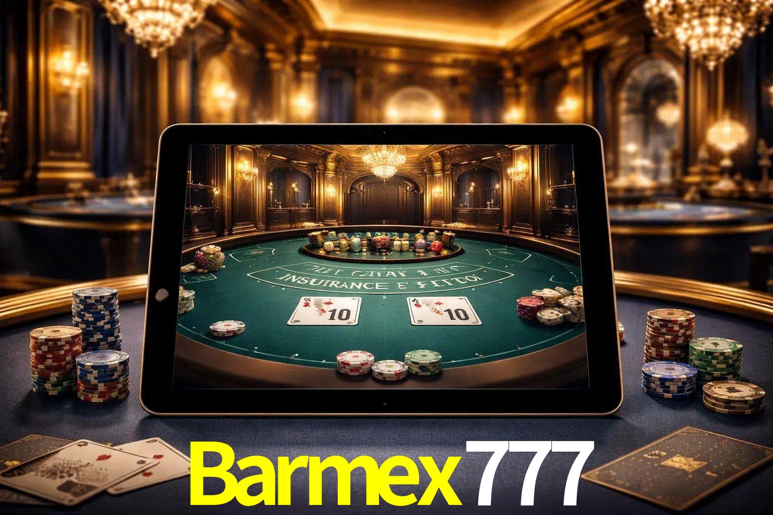 Configuración moderna de casino en vivo con una tableta mostrando una mesa de blackjack, luces cálidas de estudio y una atmósfera elegante de juegos digitales.