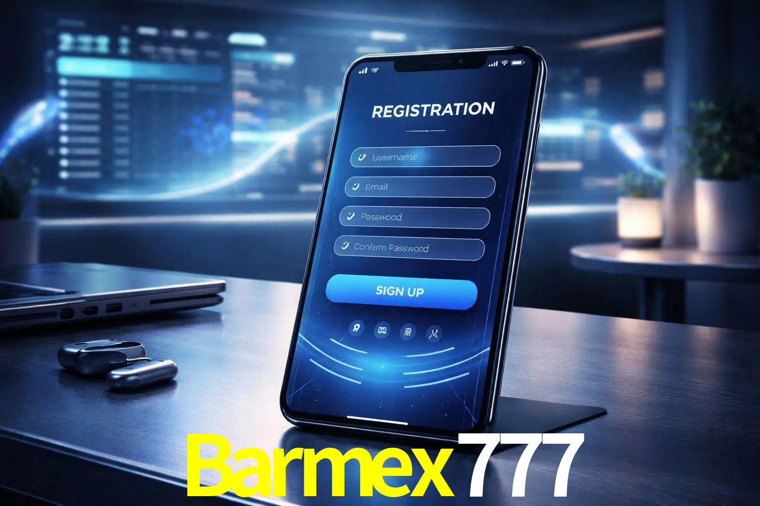 Una interfaz moderna de registro móvil para Barmex777 mostrada en un smartphone con un panel de apuestas elegante.